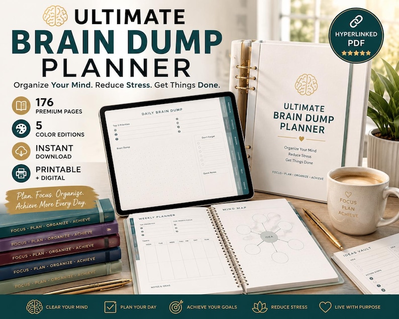 May include: A digital and physical Ultimate Brain Dump Planner set featuring a tablet displaying a daily brain dump page, a spiral-bound planner with weekly and mind map layouts, a stack of five colored planners, and a mug with the text Focus Plan Achieve.