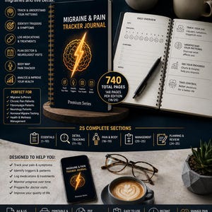 May include: A Migraine & Pain Tracker Journal with a black cover featuring a glowing yellow brain and lightning bolt icon. The journal includes 740 total pages, daily overview layouts, and is available in five colors: black, forest green, purple, burgundy, and teal.