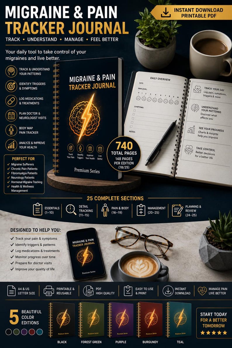 May include: A Migraine & Pain Tracker Journal with a black cover featuring a glowing yellow brain and lightning bolt icon. The journal includes 740 total pages, daily overview layouts, and is available in five colors: black, forest green, purple, burgundy, and teal.