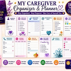 Puede incluir: Un organizador y planificador para cuidadores con 104 p&aacute;ginas encuadernadas en espiral. El dise&ntilde;o incluye secciones para planes de cuidado, seguimiento de medicamentos, citas, listas de tareas, estado de &aacute;nimo y nutrici&oacute;n.