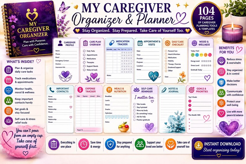 Puede incluir: Un organizador y planificador para cuidadores con 104 p&aacute;ginas encuadernadas en espiral. El dise&ntilde;o incluye secciones para planes de cuidado, seguimiento de medicamentos, citas, listas de tareas, estado de &aacute;nimo y nutrici&oacute;n.