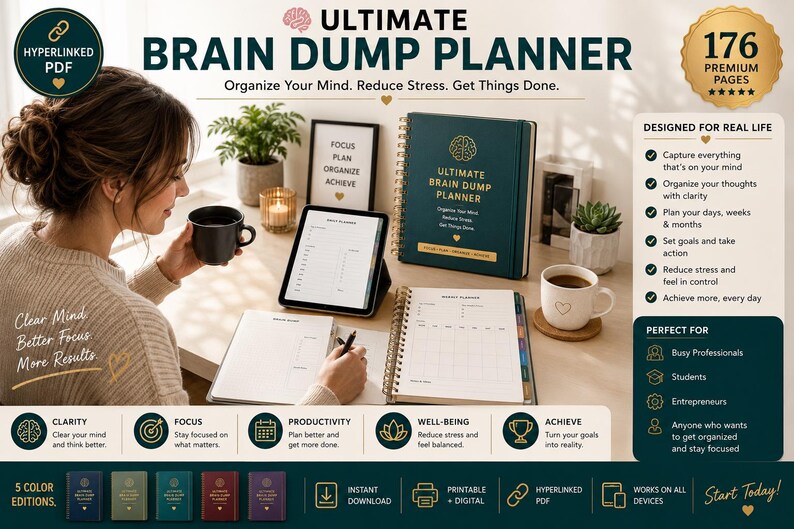 May include: A dark teal Ultimate Brain Dump Planner with gold text and a spiral binding. The planner is displayed alongside a tablet showing a daily planner page, an open notebook, a black mug, and a white mug on a desk with text overlays.