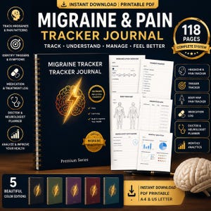 May include: A spiral-bound Migraine & Pain Tracker Journal with a black cover featuring a gold brain and lightning bolt graphic. The set includes 118 pages of printable PDF templates for tracking symptoms, triggers, medication, and doctor visits.
