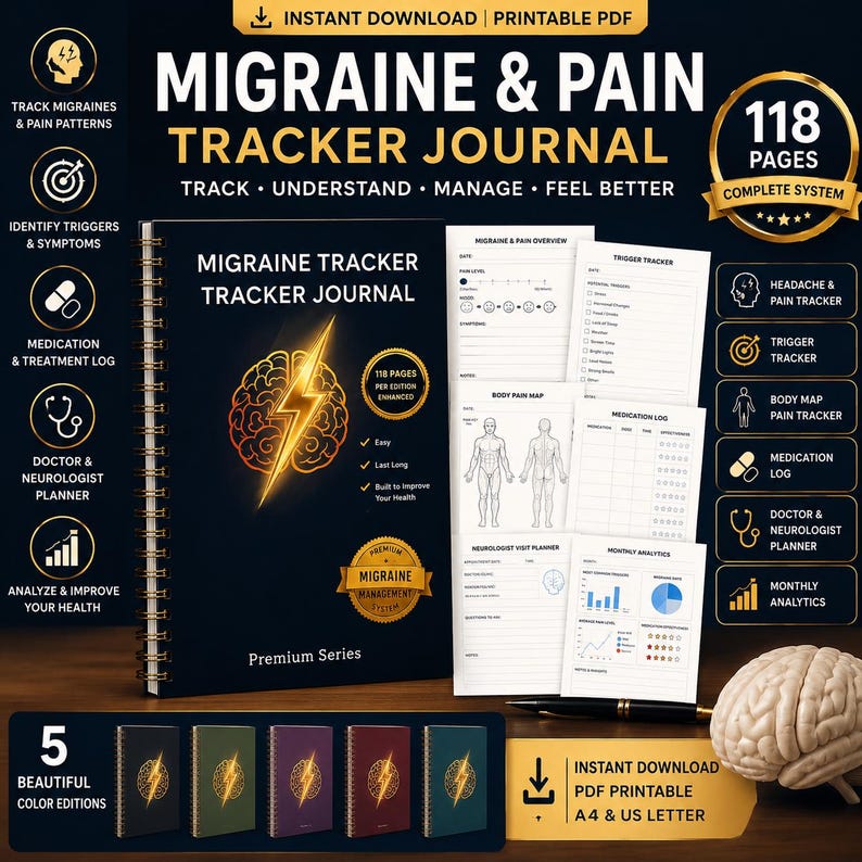 May include: A spiral-bound Migraine & Pain Tracker Journal with a black cover featuring a gold brain and lightning bolt graphic. The set includes 118 pages of printable PDF templates for tracking symptoms, triggers, medication, and doctor visits.