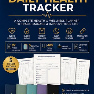 Puede incluir: Un planificador digital de salud y bienestar titulado Ultimate Daily Health Tracker. Incluye registros de presión arterial, glucosa, peso, sueño, estado de ánimo y medicamentos. Contiene 97 páginas por edición, 485 páginas totales y 5 ediciones de color en formatos PDF A4 y US Letter.