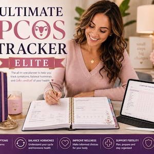 May include: A purple spiral-bound PCOS Tracker Elite planner with floral accents, a matching tablet displaying a symptom tracker, and text overlays including 500+ premium pages, printable PDF, fillable PDF, Goodnotes compatible, and editable DOCX.