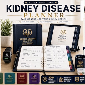 May include: A Kidney Disease Planner Elite Edition set featuring a dark blue bound planner, an open spiral-bound daily health overview, a tablet displaying the planner cover, a black mug with gold text, a smartwatch, and a pill organizer.