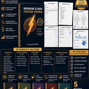 May include: A digital Migraine & Pain Tracker Journal with 118 pages per edition, featuring a brain icon with a lightning bolt. Includes sections for daily overview, trigger tracking, medication logs, and body pain maps in five color editions.