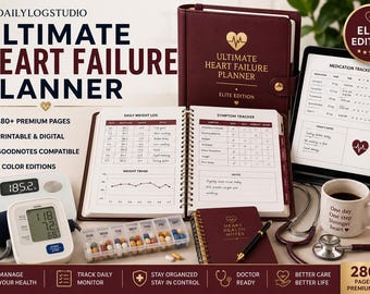 Heart Failure Planner, CHF Health Tracker, Medication Log (Printable PDF)