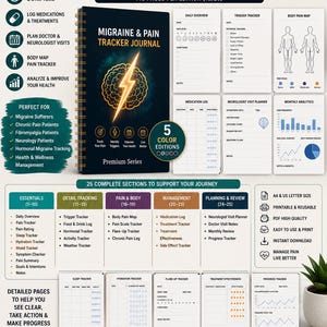 May include: A digital Migraine & Pain Tracker Journal printable PDF featuring a black spiral-bound cover with a gold lightning bolt brain icon. The set includes 25 sections, 740 total pages, and daily tracking sheets for symptoms, medications, body pain maps, and doctor visits.