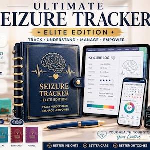 Op de afbeelding: Een marineblauwe aanvalstracker-planner met gouden hersen- en harticonen, een tablet met een aanvalslogboek, een smartphone met maandoverzicht, een smartwatch, een blauwe pen en een pillendoosje. Tekst bevat: Ultimate Seizure Tracker.