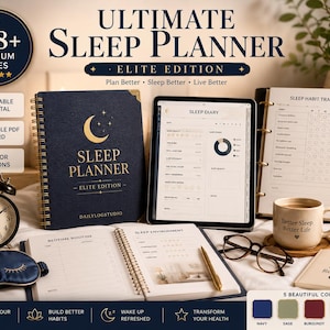 Peut inclure: Un agenda de sommeil à spirales bleu marine avec des icônes de lune et d'étoiles dorées, une tablette affichant un journal de sommeil, un agenda ouvert, un suivi des habitudes, un masque de nuit, un réveil, une tasse et un petit carnet.