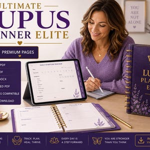 May include: A purple spiral-bound Lupus Planner Elite with gold butterfly and floral accents, a tablet displaying a daily symptom tracker, and an open planner on a desk. The text reads Ultimate Lupus Planner Elite and 381 Premium Pages.