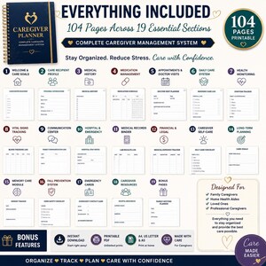 Puede incluir: Un planificador de cuidadores azul oscuro con texto dorado y encuadernaci&oacute;n en espiral. La imagen muestra 19 secciones esenciales, incluyendo historial m&eacute;dico, gesti&oacute;n de medicamentos y registros de cuidados. Contiene 104 p&aacute;ginas imprimibles.