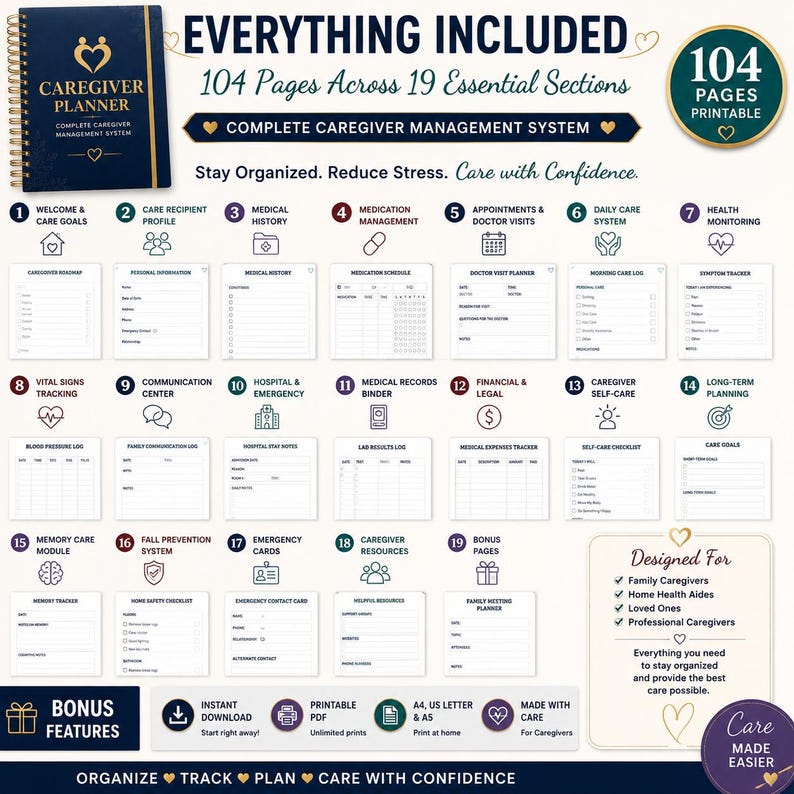 Puede incluir: Un planificador de cuidadores azul oscuro con texto dorado y encuadernaci&oacute;n en espiral. La imagen muestra 19 secciones esenciales, incluyendo historial m&eacute;dico, gesti&oacute;n de medicamentos y registros de cuidados. Contiene 104 p&aacute;ginas imprimibles.