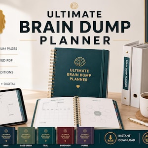 May include: A dark teal spiral-bound Ultimate Brain Dump Planner with gold text and a brain icon. The set includes a tablet displaying a daily planner page, an open planner showing weekly and mind map layouts, two white binders, and a ceramic mug.