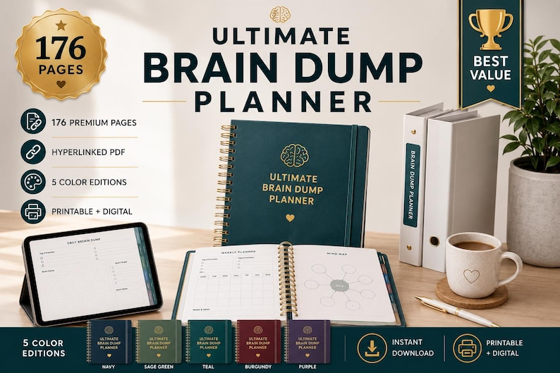 May include: A dark teal spiral-bound Ultimate Brain Dump Planner with gold text and a brain icon. The set includes a tablet displaying a daily planner page, an open planner showing weekly and mind map layouts, two white binders, and a ceramic mug.