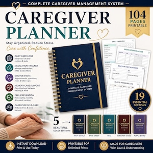 May include: A Caregiver Planner management system with 104 printable pages and 19 essential sections. The dark blue spiral-bound cover features gold text and a heart icon. Includes daily logs, medication, doctor, and memory care trackers.