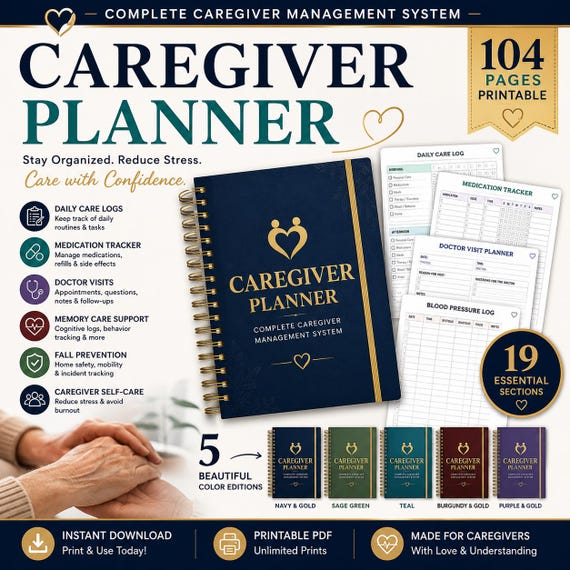 Family Caregiver Planner Printable | Medical Binder & Caregiver Organizer | Daily Care Log Medication Tracker | Doctor Visits | Memory Care