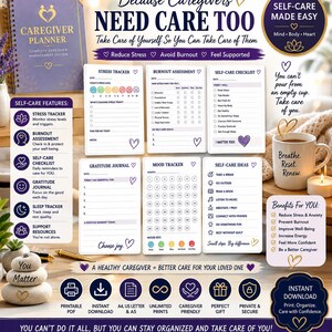 Puede incluir: Un conjunto de planificador para cuidadores que incluye un cuaderno de espiral morado, rastreador de estr&eacute;s, evaluaci&oacute;n de agotamiento, lista de autocuidado, diario de gratitud, rastreador de estado de &aacute;nimo e ideas de autocuidado.