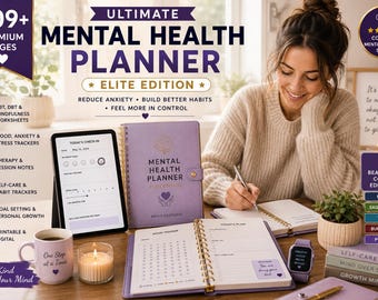Mental Health Planner Printable, CBT Journal, Anxiety Tracker, Therapy Workbook (Digital Download)