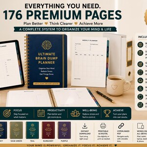May include: A digital and physical Ultimate Brain Dump Planner system featuring a dark blue spiral-bound notebook with gold text, a tablet displaying a daily planner page, a weekly planner sheet, and a list of features including brain dumps, goal setting, and habit trackers.
