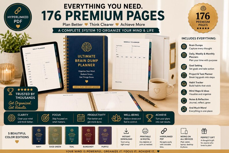 May include: A digital and physical Ultimate Brain Dump Planner system featuring a dark blue spiral-bound notebook with gold text, a tablet displaying a daily planner page, a weekly planner sheet, and a list of features including brain dumps, goal setting, and habit trackers.