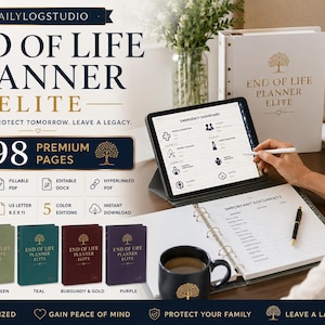 May include: An End of Life Planner Elite set featuring a white binder with gold tree logo, a tablet displaying an emergency dashboard, and five color-coded planner options in navy, sage green, teal, burgundy, and purple, totaling 298 pages.