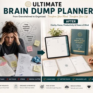 May include: The Ultimate Brain Dump Planner is a teal spiral-bound notebook featuring a gold brain icon and text on the cover. It is displayed alongside a tablet and an open planner showing daily task lists, goal sections, and structured planning pages.