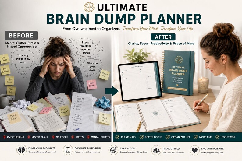 May include: The Ultimate Brain Dump Planner is a teal spiral-bound notebook featuring a gold brain icon and text on the cover. It is displayed alongside a tablet and an open planner showing daily task lists, goal sections, and structured planning pages.