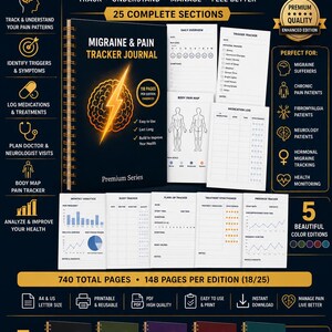 May include: A digital Migraine & Pain Tracker Journal with 118 pages, featuring a black cover with a gold brain and lightning bolt graphic. The set includes printable PDF pages for daily overviews, trigger tracking, medication logs, and body pain maps.