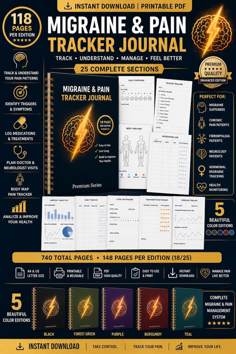 May include: A digital Migraine & Pain Tracker Journal with 118 pages, featuring a black cover with a gold brain and lightning bolt graphic. The set includes printable PDF pages for daily overviews, trigger tracking, medication logs, and body pain maps.