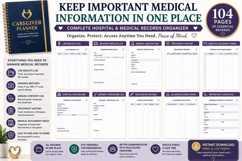 Puede incluir: Un planificador de cuidados de espiral azul oscuro con 104 p&aacute;ginas para registros m&eacute;dicos. El dise&ntilde;o muestra varias plantillas de registro, incluidos resultados de laboratorio, im&aacute;genes, chequeos anuales, historial de tratamientos y contactos.