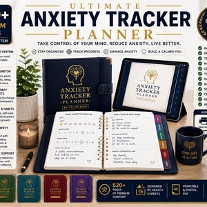May include: An anxiety tracker planner system featuring a dark blue binder with gold text, a tablet displaying the planner interface, a mug with the text One Day At A Time, a heart-shaped stone with the text Breathe Believe Heal, and five color editions.