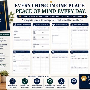Puede incluir: Un planificador de cuidados de espiral azul oscuro con texto dorado e iconos de coraz&oacute;n. El planificador incluye 104 p&aacute;ginas de herramientas de seguimiento para informaci&oacute;n personal, contactos, historial m&eacute;dico, medicaci&oacute;n y citas m&eacute;dicas.
