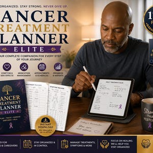 May include: A Cancer Treatment Planner Elite featuring a dark cover with a gold tree icon and purple ribbon. The set includes printable tracker pages, a digital tablet displaying a daily treatment plan, and a black mug with the text Stronger Than Yesterday.
