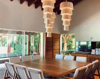 Lustre de macramê WEYAÁ | Luminária pendente com franjas | Abajur boho para sala de jantar | Lustre de fibra de algodão | Feito à mão no México