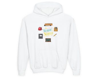 Youth Hoodie | School Supplies, Notebook, Pencil, Backpack, School Bus, Blackboard Graphics