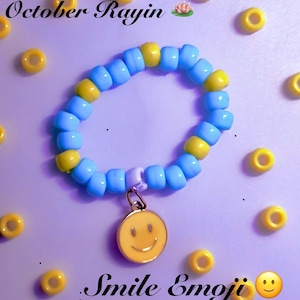 Smile Emoji Baby Blue Beaded Bracelet with Smile Charm :) Soft Girl Indie Aesthetic Jewelry | Cute Beach Bracelet with Good Vibes