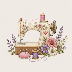 Può includere: Un ricamo raffigurante una macchina da cucire color crema decorata con fiori rosa e un piccolo cuore. La macchina è circondata da rametti di lavanda, un puntaspilli rosa con spilli, un rocchetto di filo viola e grandi margherite rosa e bianche.