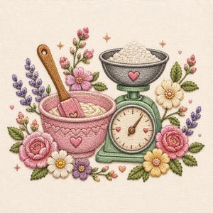 May include: An embroidery design featuring a pink mixing bowl with a wooden spatula, a green kitchen scale holding a bowl of white powder, and surrounding floral arrangements of pink roses, lavender, and daisies on a cream-colored fabric background.