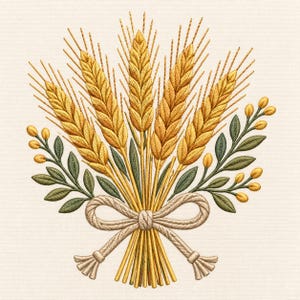 Pode incluir: Um design de bordado apresentando um feixe central de espigas de trigo amarelo dourado amarradas com um laço de corda bege. O arranjo é ladeado por ramos de folhas verdes com pequenas bagas amarelas em ambos os lados sobre um fundo creme.