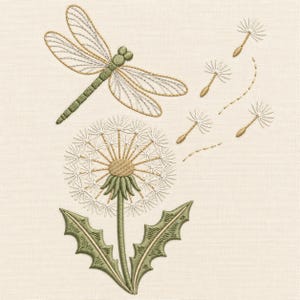 Puede incluir: Un diseño de bordado que muestra una libélula verde con alas translúcidas sobre un diente de león blanco. El diente de león tiene un centro dorado, hojas verdes y varias semillas blancas que se alejan con el viento.