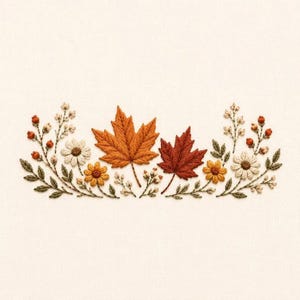 Stickmuster mit Ahornblattbordüre im Herbst, Stickdatei für die Stickmaschine mit Herbstblumenmotiv