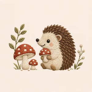 May include: An embroidery design featuring a light brown hedgehog with dark brown quills holding a small red and white spotted mushroom. Beside the hedgehog are two larger red and white spotted mushrooms and green leafy stems.