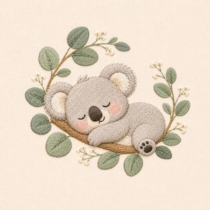 May include: An embroidery design featuring a sleeping grey koala with pink cheeks resting on a brown branch. The koala is surrounded by a circular arrangement of sage green eucalyptus leaves and small white flower buds on a cream fabric background.