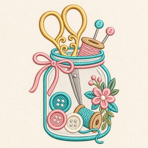 Vintage Sewing Kit Embroidery Design, Sewing Machine Embroidery, Thread Spools, Scissors, Needles, Buttons and Floral Craft Supplies