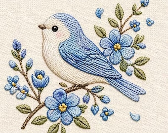 May include: An embroidery design featuring a small bird with light blue and white plumage perched on a brown branch. The bird is surrounded by several five-petaled blue flowers with yellow centers and small green leaves on thin brown stems.