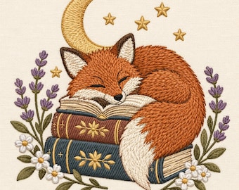 Cozy Fox Reading Book Embroidery Design, Woodland Winter Machine Embroidery, Lavender Flowers, Rustic Books and Magical Moon Embroidery