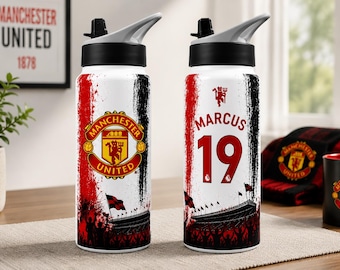 Gepersonaliseerde Manchester United aluminium waterfles, sportfles met eigen naam en nummer, cadeau voor voetbalfans